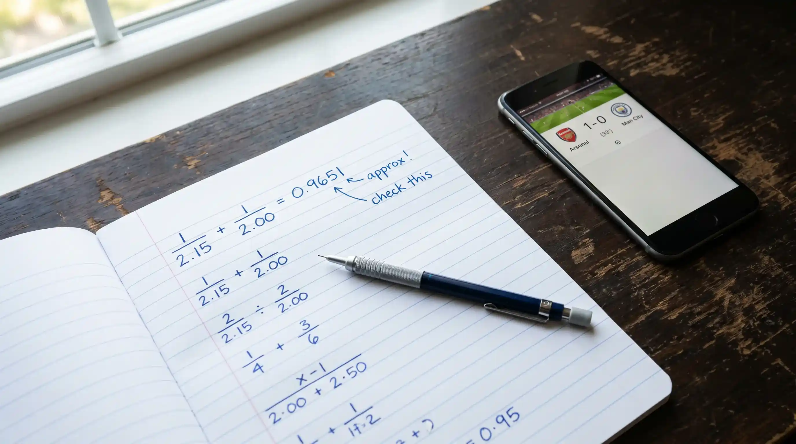 Cuaderno con fórmula de arbitraje de apuestas y cálculos de probabilidades implícitas